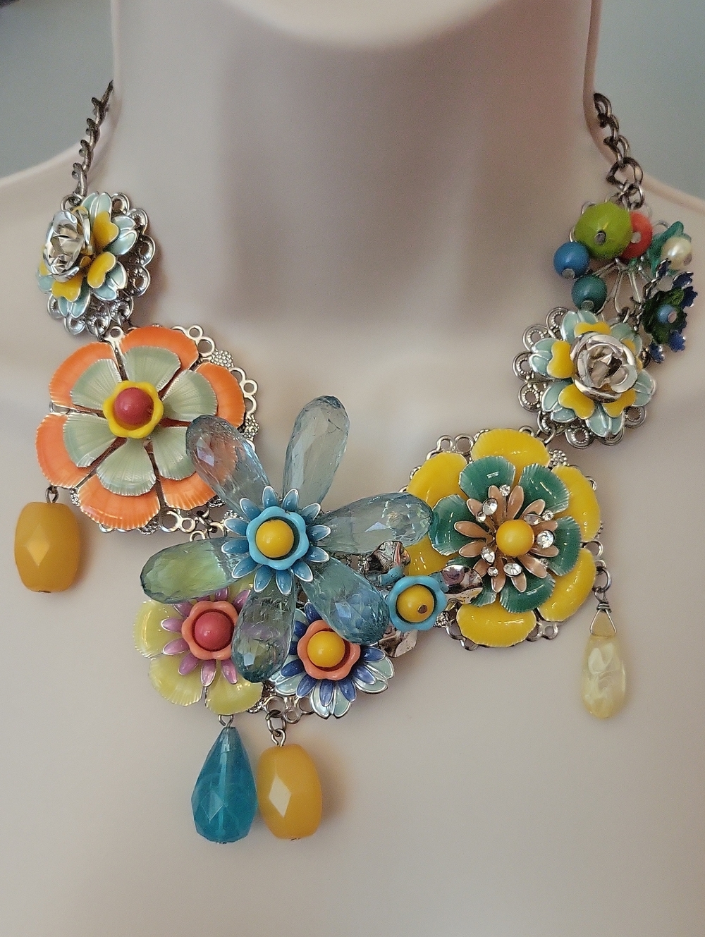 Floral Enamel Statement Necklace In Yellow, Blue & Orange